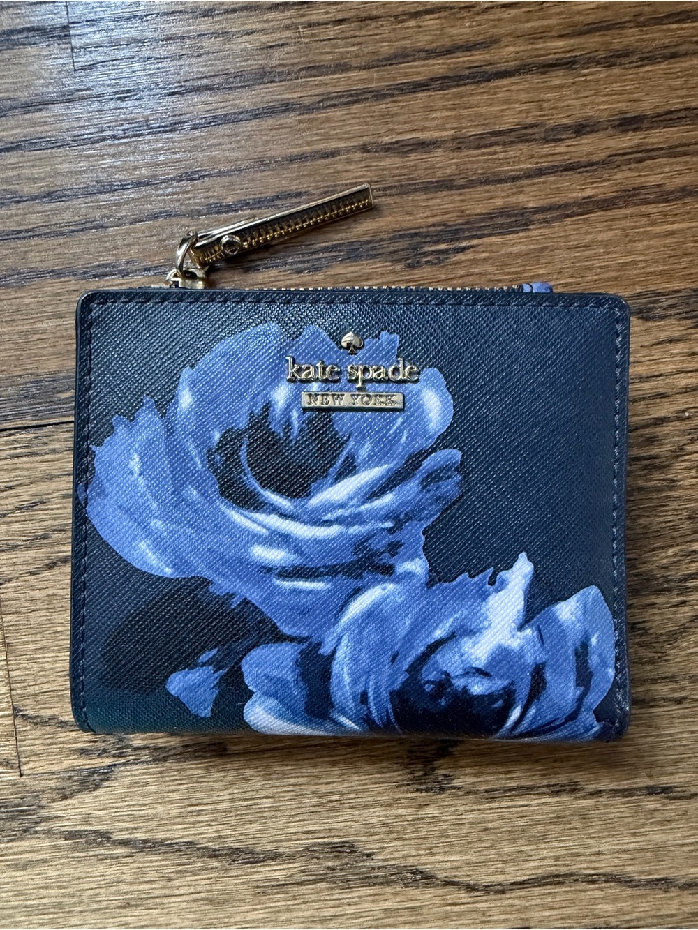 kate spade navy floral zip card case with gold hardware